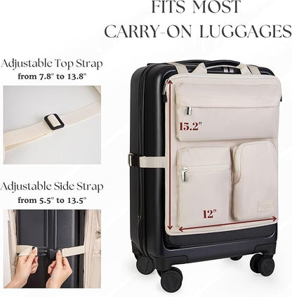 BAREFOOT CARIBOU Over Luggage Organizer for Carry On Bag or Suitcase with Storage Pockets, 16” Laptop Sleeve with Handle, Travel Accessories Bag Slide On Luggage Harness with Adjustable Straps (Ivory)