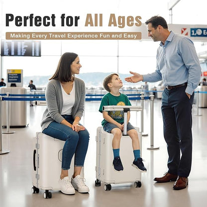 Kids Ride-On Luggage with Adjustable Safety Seat, 20 Inch Carry On Suitcase with 360° Silent Wheels, Cup & Tablet Holder, TSA Lock, For Toddlers to Adults, 200lbs Support, Lightweight Travel Suitcase