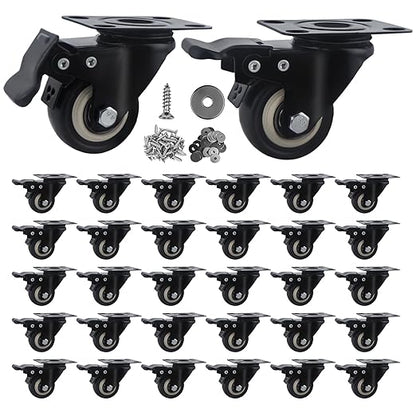 2 Inch Caster Wheels Set of 32 Heavy Duty Casters,with Brake,No Noise Locking Polyurethane (PU) Wheels, for Furniture and Workbench Load 800lbs