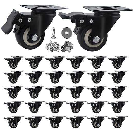 2 Inch Caster Wheels Set of 32 Heavy Duty Casters,with Brake,No Noise Locking Polyurethane (PU) Wheels, for Furniture and Workbench Load 800lbs