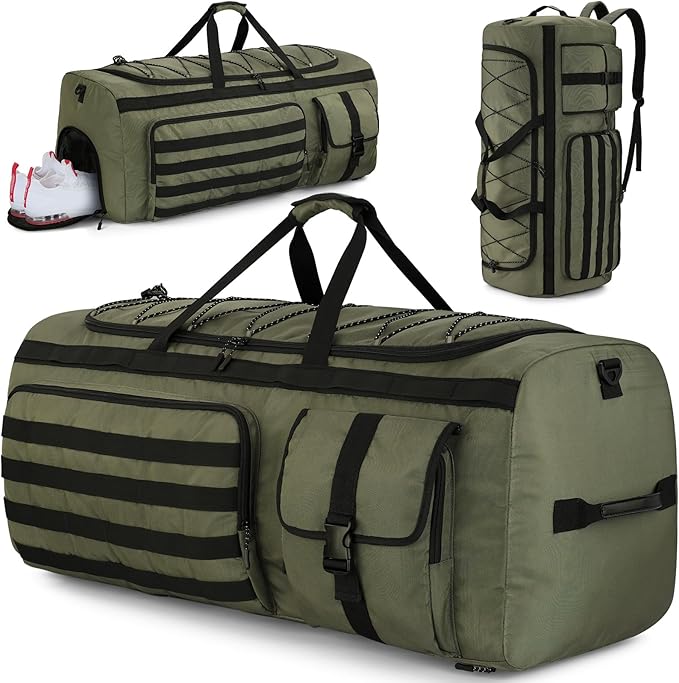 Gonex 130L Extra Large Duffel Bag for Men, Heavy Duty 3 in 1 Convertible Carry Travel Duffle, with Shoe Compartment, Tactical Loops, Sports Gear Bag for Family Trips (Army Green)