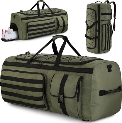 Gonex 130L Extra Large Duffel Bag for Men, Heavy Duty 3 in 1 Convertible Carry Travel Duffle, with Shoe Compartment, Tactical Loops, Sports Gear Bag for Family Trips (Army Green)