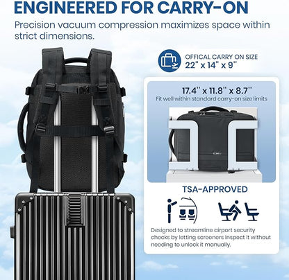 Fanwoli Vacuum Travel Backpack, Carry On Luggage with TSA Lock & Anti Theft Zipper, Expandable Airback with Compression Pump, Waterproof Laptop Bag Ideal for Flight & Business