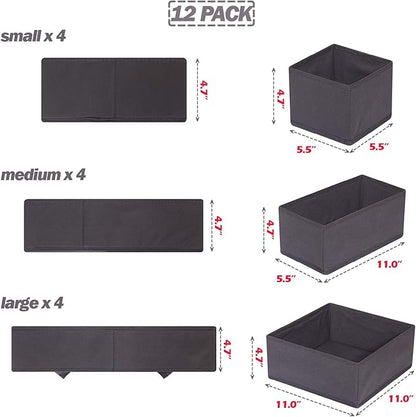 DIOMMELL 12 Pack Foldable Cloth Storage Box Closet Dresser Drawer Organizer Fabric Baskets Bins Containers Divider for Baby Clothes Underwear Bras Socks Lingerie Clothing,Dark Grey 444