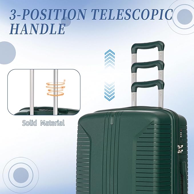 Campfun 3 Piece Luggage Sets, PP Suitcase Set with Double Spinner Wheels Hang Hook, Durable Carry On Luggage with Combination Lock, 20/24/28 inch, Green