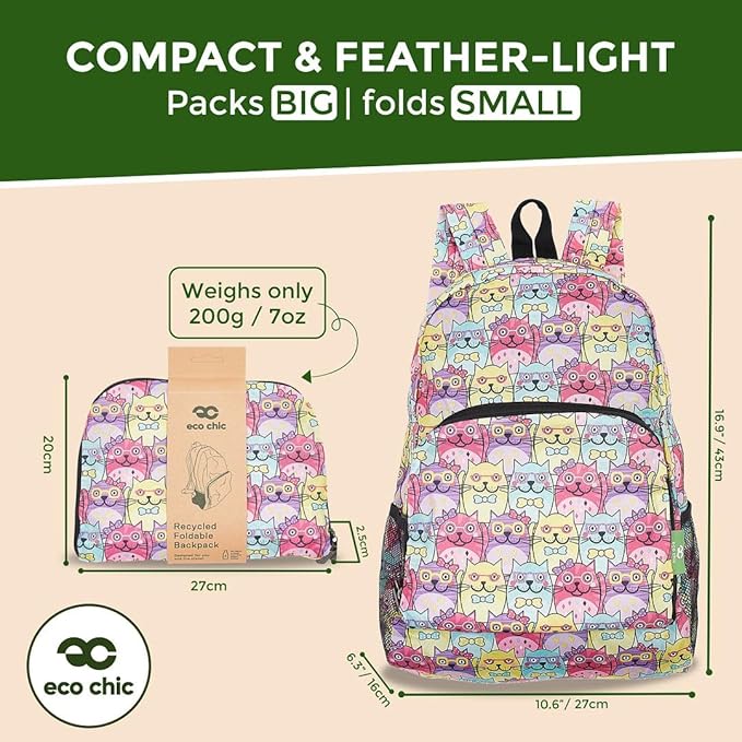 ECO CHIC Hiking Lightweight Packable Backpack - Foldable Daypack for Travel & Hiking & Outdoor Adventures - Waterproof Backpack from Recycled Materials (Glasses Cats Multiple)