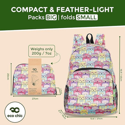 ECO CHIC Hiking Lightweight Packable Backpack - Foldable Daypack for Travel & Hiking & Outdoor Adventures - Waterproof Backpack from Recycled Materials (Glasses Cats Multiple)