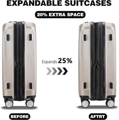 20 Inch Lightweight Expandable Carry On Luggage, PC Hardside Suitcase with Spinner Wheels & TSA Lock, Carry-on 20-Inch, Champagne