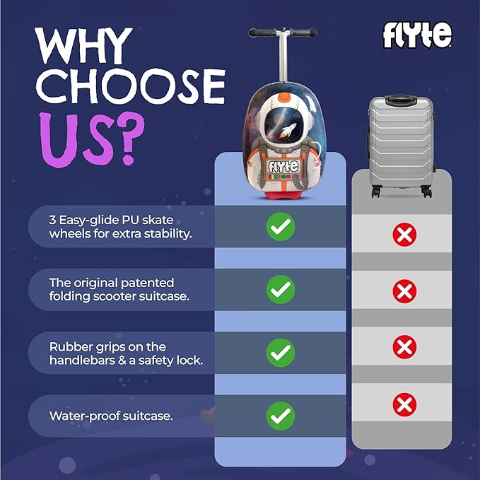 Flyte Sammie the Spaceman Scooter Suitcase - Rideable, Carry on Compliant 2-in-1 Children's Suitcases, 18 inch Ride on Suitcase for Kids, 25 Litre Capacity Kids' Luggage on Wheels for Children Aged 4+