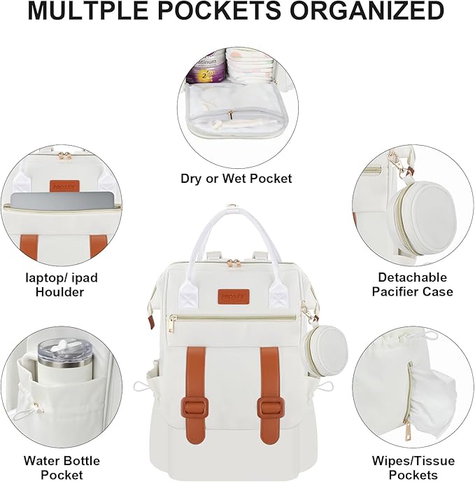 PIIOSER Diaper Bag Backpack with Ice Pack, Large Capacity & Waterproof Baby Travel Backpack Bag for Moms Dads, Insulated Baby Cooler Bag with Changing Pad, Stroller Straps & Pacifier Case, Cream