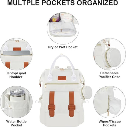 PIIOSER Diaper Bag Backpack with Ice Pack, Large Capacity & Waterproof Baby Travel Backpack Bag for Moms Dads, Insulated Baby Cooler Bag with Changing Pad, Stroller Straps & Pacifier Case, Cream