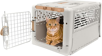 SportPet Designs Collapsible X-Small Pet Travel Carrier (Tan), Hard-Sided Kennel for Small Dogs, Puppies, Cats, Kittens, Animals up to 20lbs, Washable Home & Outdoor Pet Crate, 19.6"L x 13.5"W x 12"H