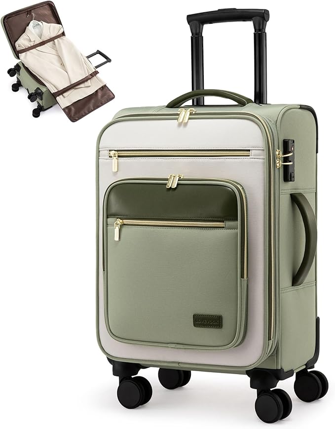 LOVEVOOK Carry on 22x14x9 Airline Approved,20 inch Lightweight Waterproof Suitcases with 360° silent swivel wheels, TSA Lock and Compartment, Large Capacity travel Suitcase Green-white