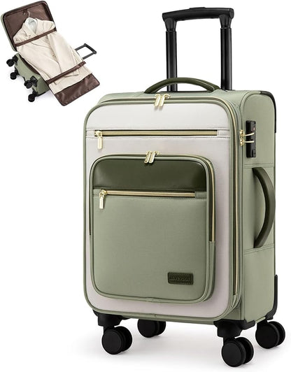 LOVEVOOK Carry on 22x14x9 Airline Approved,20 inch Lightweight Waterproof Suitcases with 360° silent swivel wheels, TSA Lock and Compartment, Large Capacity travel Suitcase Green-white