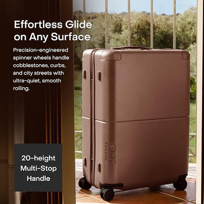 Checked Plus Expandable - 28.75" Airline Approved Check In Luggage with Wheels, Rolling Suitcase for Men & Women - TSA Lock, Silent Spinner Wheels, Expansion Zip, Y-Strap - Dark Brown