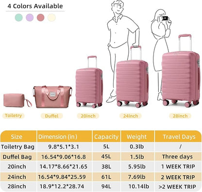 LARVENDER Luggage Sets 5 Piece with Duffel Bag Expandable(Only 28 inch) Hardside PP Carry On Luggage with 360° Spinner Wheels TSA Lock Luggage Sets for Women, Pink