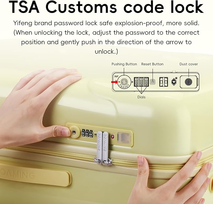 ROAMING 20-Inch Carry On Luggage Airline Approved Lightweight PC Hardside Rolling Suitcase with TSA Lock Cup Holder USB Charging Port and Spinner Wheels for Women Ice cream suitcase Cheese yellow