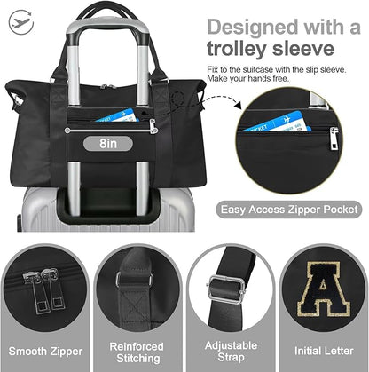 Dance Gym Duffel Bag for Teen Girls, Personalized Initial Travel Weekender Bag,Cute Overnight Carry On Duffle for Women,Sports Travel Cheer Bag,Monogram Christmas Gifts for Tween Preppy(black-A)