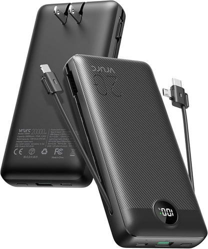 VRURC Portable Charger 20000mAh, Fast Charging Power Bank USB C,4 Output 2 Input Travel Essentials Charging Bank Equipped with LED Display,Built-in Wall Plug and Cables,Phone Charger Battery,Black