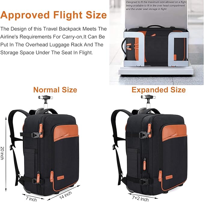 Lumesner Carry on Travel Backpacks, Extra Large 40L Flight Approved for Men & Women,Expandable Suitcase backpack (Rolling-Black)