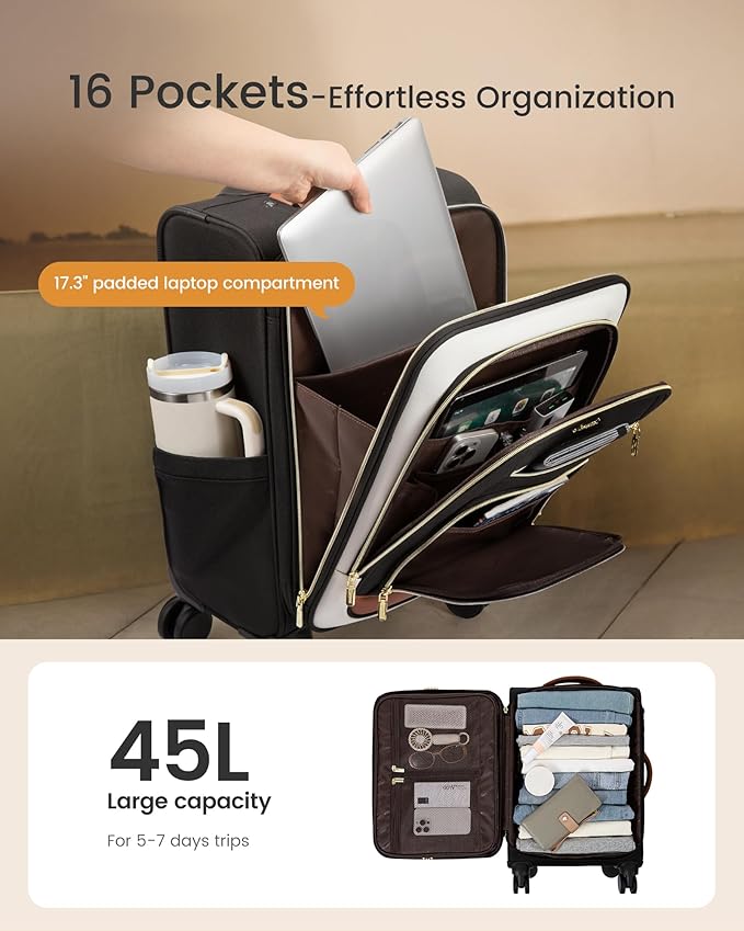 LOVEVOOK Carry on Luggage 22x14x9 Airline Approved with Garment Bag & Spinner Wheels, 22 Inch Large Rolling Suitcase with TSA Lock, 49L Lightweight Underseat Carryon Luggage for Women Travel Overnight