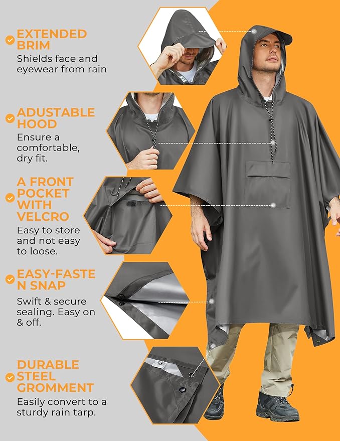 COOFANDY Rain Poncho for Adults with Hood Pockets Reusable Waterproof Packable Rain Coat Jacket Travel Hiking Emergency