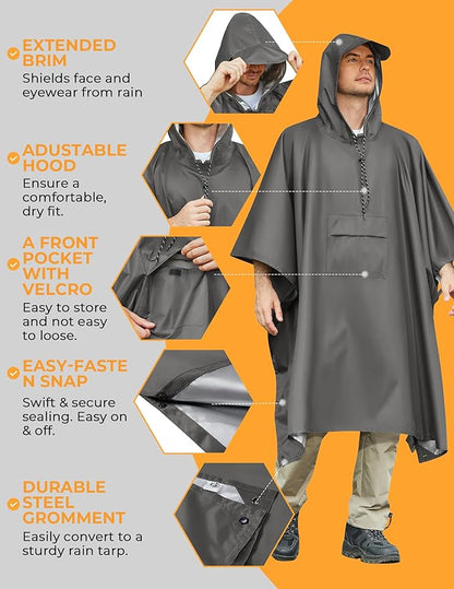 COOFANDY Rain Poncho for Adults with Hood Pockets Reusable Waterproof Packable Rain Coat Jacket Travel Hiking Emergency