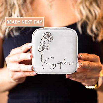 DayOfShe Personalized Travel Jewelry Box with Name and Birth Flower,Personalized Bridesmaid Gifts for Women Custom Small Travel Jewelry Case Stocking Stuffers Women Teen Girls Gifts
