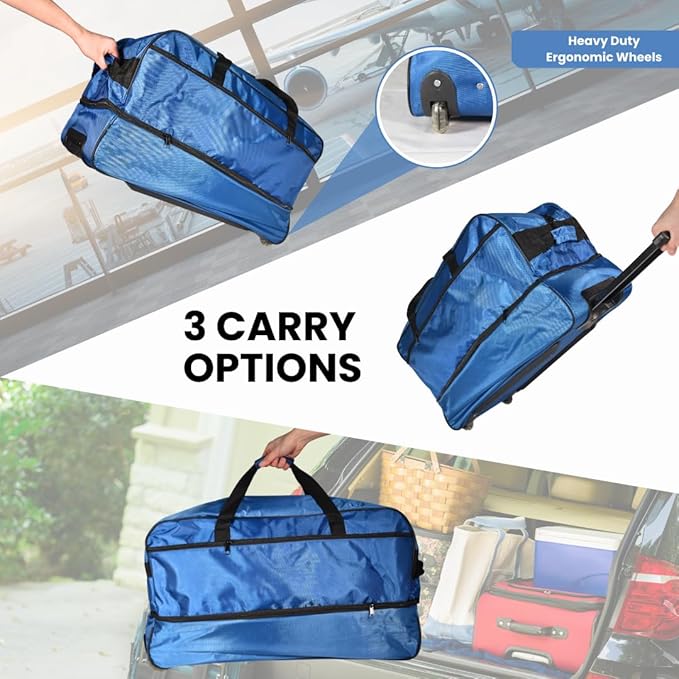 Rolling Duffel Bag Foldable Expandable Weekender Travel 28" (Blue)