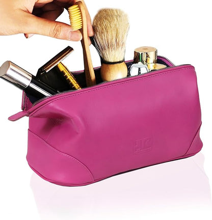 HLC Leather Toiletry Bag for Men Best Gift Premium Genuine Dopp Kit Shaving Kit Organizer Travel Kit Pouch Bag 10 inch Size (Pink)