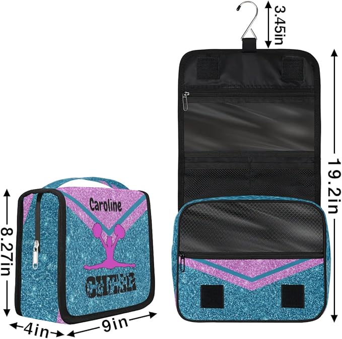 Custom Travel Toiletry Bag with Hanging Hook Cheerleading, Spacious Waterproof Toiletry Bag for Women for Travel Accessories, Toiletries Essentials Lake Blue Pink Cheer Shiny Glittering