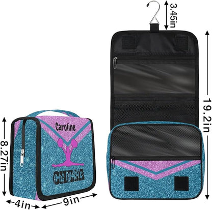 Custom Travel Toiletry Bag with Hanging Hook Cheerleading, Spacious Waterproof Toiletry Bag for Women for Travel Accessories, Toiletries Essentials Lake Blue Pink Cheer Shiny Glittering