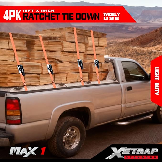 XSTRAP STANDARD Ratchet Tie Down Straps 4 Pk 10 Ft- 300 Lbs Load Cap- 900 Lbs Break Strength-Cargo Straps for UTV, ATV, Pickup,Truck, Moving Appliances, Lawn Equipment, Orange
