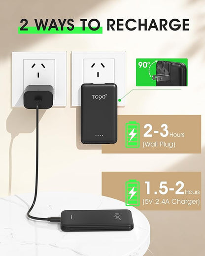 TG90° 2 Pack 5000mAh Power Bank,Small Portable Charge Built-in AC Plug and Cables,Pocket Size USB C External Battery Pack Compatible with iPhone 17 16 15 14 13 12 Samsung Google iPad,Black & Blue
