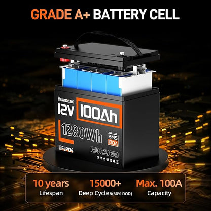 12V 100Ah LiFePO4 Battery Group 24-100A BMS with Low Temp Cutoff | 15000+ Deep Cycles for RV Solar Marine | Off-Grid Backup Power Rechargeable Lithium Iron Phosphate Battery, Incl. 14.6V 20A Charger