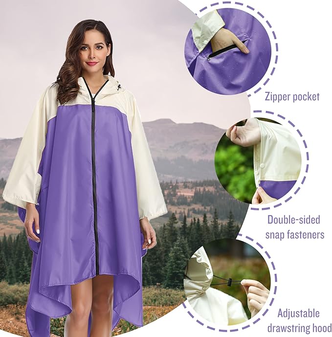 SaphiRose Unisex Rain Poncho Waterproof Raincoat Hooded for Adults Women with Pockets