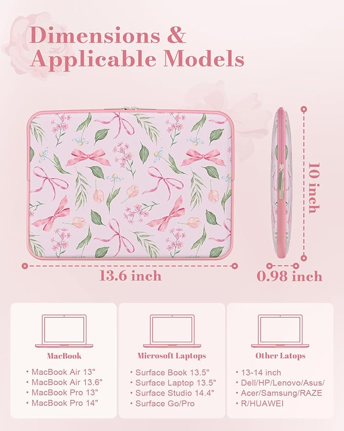 iCasso Laptop Sleeve 13 inch for MacBook Air 13-13.6 inch,Cute Laptop case for MacBook Pro 13 inch 14 inch, Slim Protective Travel Carrying Case Sleeve for 14 inch Chromebook, HP, Flower Bow Pink