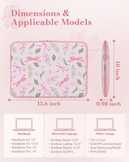 iCasso Laptop Sleeve 13 inch for MacBook Air 13-13.6 inch,Cute Laptop case for MacBook Pro 13 inch 14 inch, Slim Protective Travel Carrying Case Sleeve for 14 inch Chromebook, HP, Flower Bow Pink