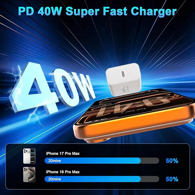 iPhone 17 16 Pro Max Charger Fast Charging, 2 Pack 40W USB C iPhone 16 17 Fast Charger Block with 10 FT Long Type C to C Charging Cable for iPhone 17/17 Pro Max/17 Pro/Air/16/16 Pro Max/15/15 Pro Max