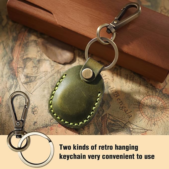 for Airtag Holder, Portable Genuine Leather Airtag Keychain with Key Rings Full Coverage Air Tags Hidden Case Cover Compatible with AirTags Olive Green