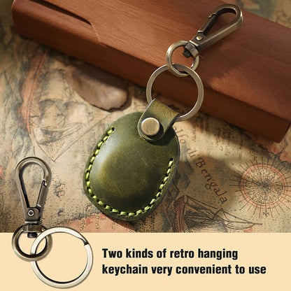 for Airtag Holder, Portable Genuine Leather Airtag Keychain with Key Rings Full Coverage Air Tags Hidden Case Cover Compatible with AirTags Olive Green