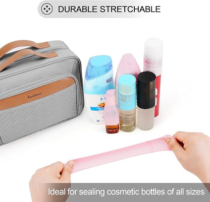 Travel Hanging Toiletry Bag for Women, Large Makeup Bag 8 Leak Proofing Silicone Bottle Covers, Waterproof Cosmetic Bag with Jewelry Organizer Compartment, Toiletries Kit Set, Grey