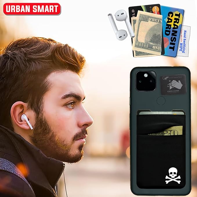 Gecko Travel Tech Double Pocket - Adhesive Card Holder - Cell Phone Pouch - Stick on Spandex Pocket - Carry Credit Cards and Cash - Skull