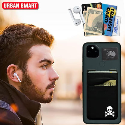 Gecko Travel Tech Double Pocket - Adhesive Card Holder - Cell Phone Pouch - Stick on Spandex Pocket - Carry Credit Cards and Cash - Skull