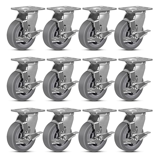 5 Inch Rubber Wheels (Flat Tread)- Heavy Duty Casters, Industrial Caster Wheels- with up to 800 LB Capacity- Use for Dollies, Utility and Maintenance Carts(12 Brake)