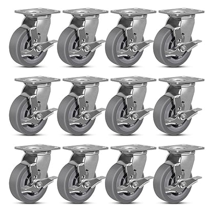 5 Inch Rubber Wheels (Flat Tread)- Heavy Duty Casters, Industrial Caster Wheels- with up to 800 LB Capacity- Use for Dollies, Utility and Maintenance Carts(12 Brake)