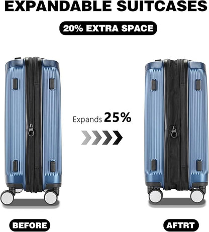 Luggage Sets 2 Piece, 20/28 Inch Lightweight Expandable PC Hardside Durable Suitcases with Spinner Wheels & TSA Lock, Blue