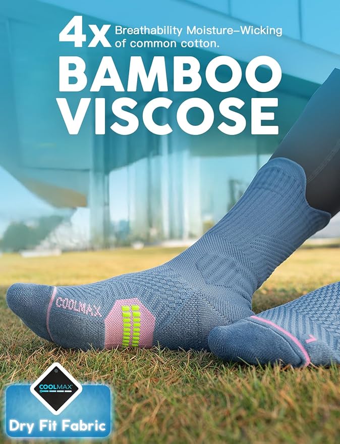 Womens Coolmax Bamboo Viscose Compression Running Crew Socks, Moisture-Wicking Anti-Blister Hiking&Gym Athletic
