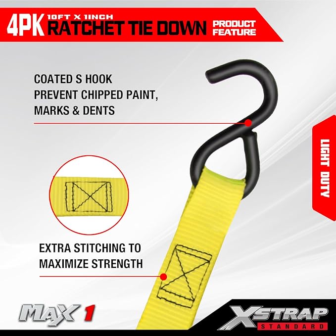 XSTRAP STANDARD Ratchet Tie Down Straps 4 Pk 10 Ft- 300 Lbs Load Cap- 900 Lbs Break Strength-Cargo Straps for UTV, ATV, Pickup,Truck, Moving Appliances, Lawn Equipment, Yellow