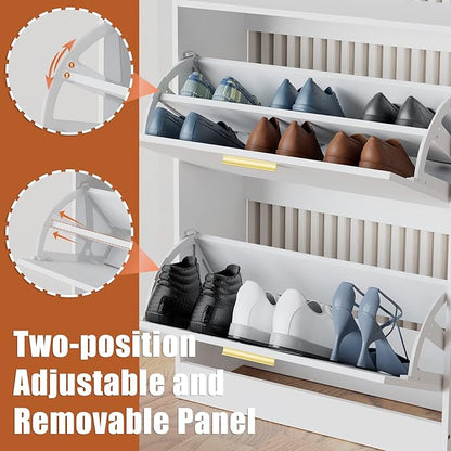 JOZZBY Shoe Cabinet Storage for Entryway, Slim White Hidden Shoe Organizer Cabinet with 2 Flip Drawers, Wooden Narrow Shoe Rack with 2 Tier Freestanding for Hallway, Living Room